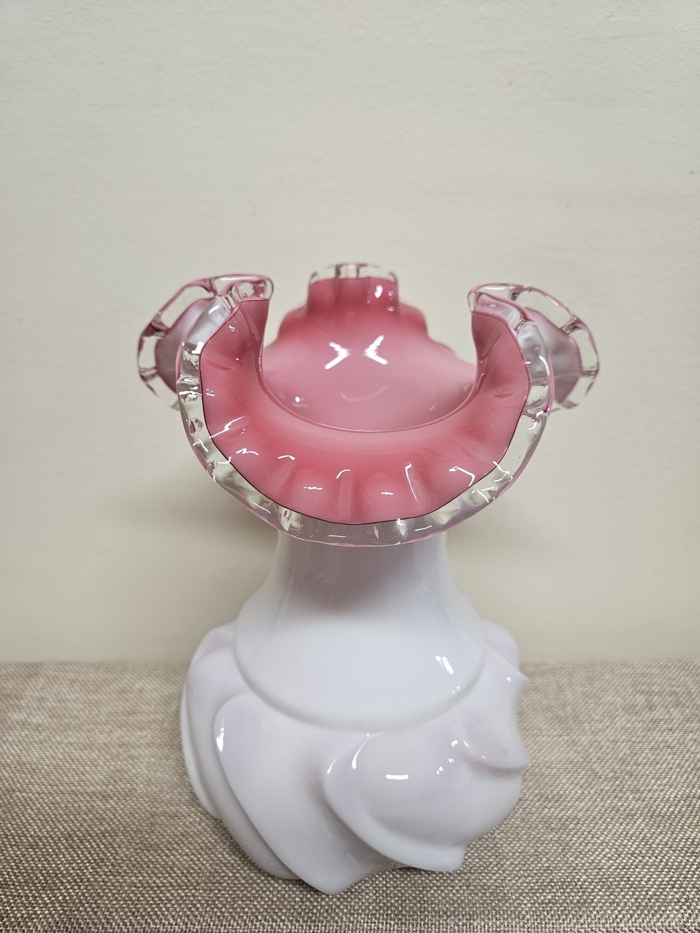 Fenton 9" White Glass Vase with Pink Ruffled Rim